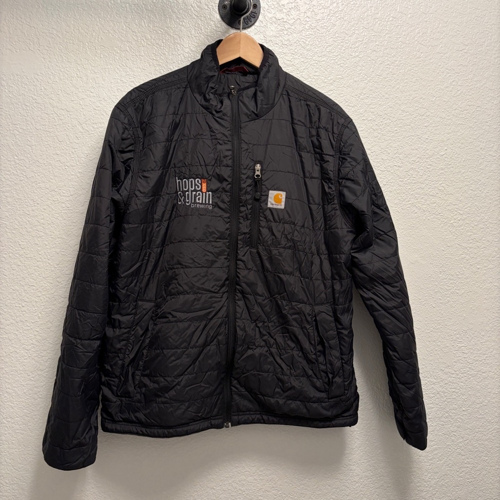 Carhartt Puffer Coat Jacket Mens Size Medium black embroidered hops & grain logo